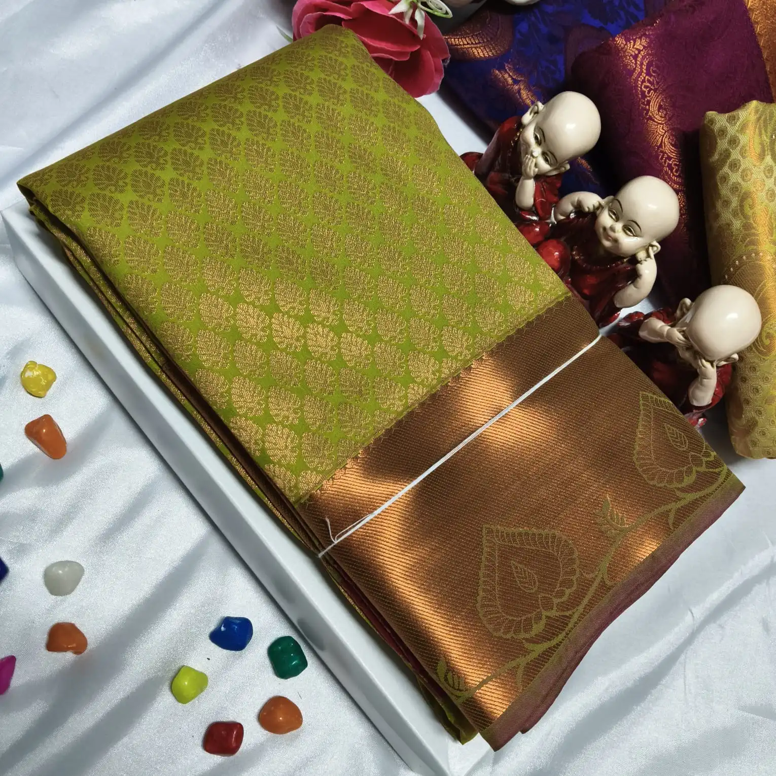 Vastharakala Allover Leaf Motifs Olive Green Soft Silk Saree